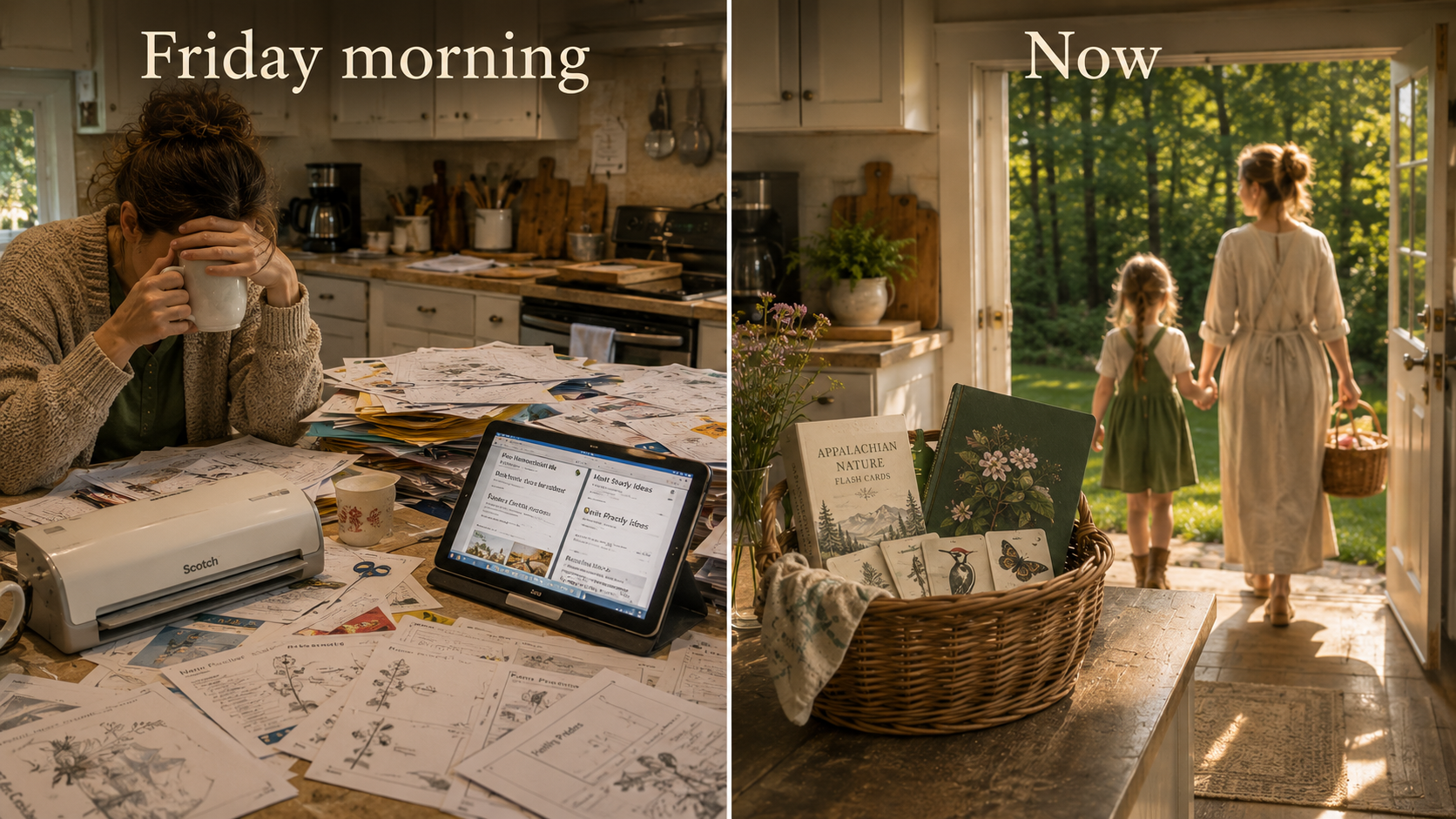 Before/after carousel: messy kitchen with worksheets versus clean kitchen with kit and family walking outside