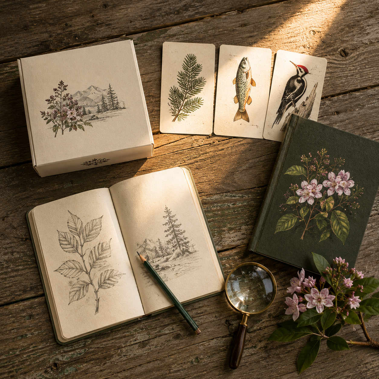 Overhead shot of the Hollow & Holler nature kit on a wood floor