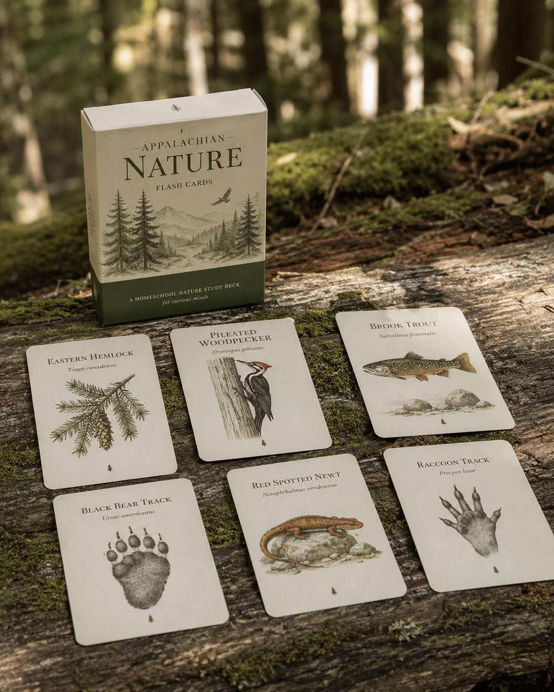 The Appalachian Nature deck box on a moss-covered log, with six cards arranged below showing eastern hemlock, pileated woodpecker, brook trout, black bear track, red-spotted newt, and raccoon track.