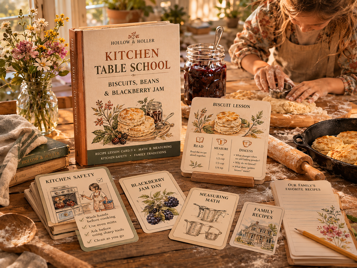 Kitchen Table School recipe deck on a worn wooden farmhouse table next to a partially-mixed bowl of biscuit dough and a jar of blackberry jam, with kitchen safety and measuring cards spread alongside.
