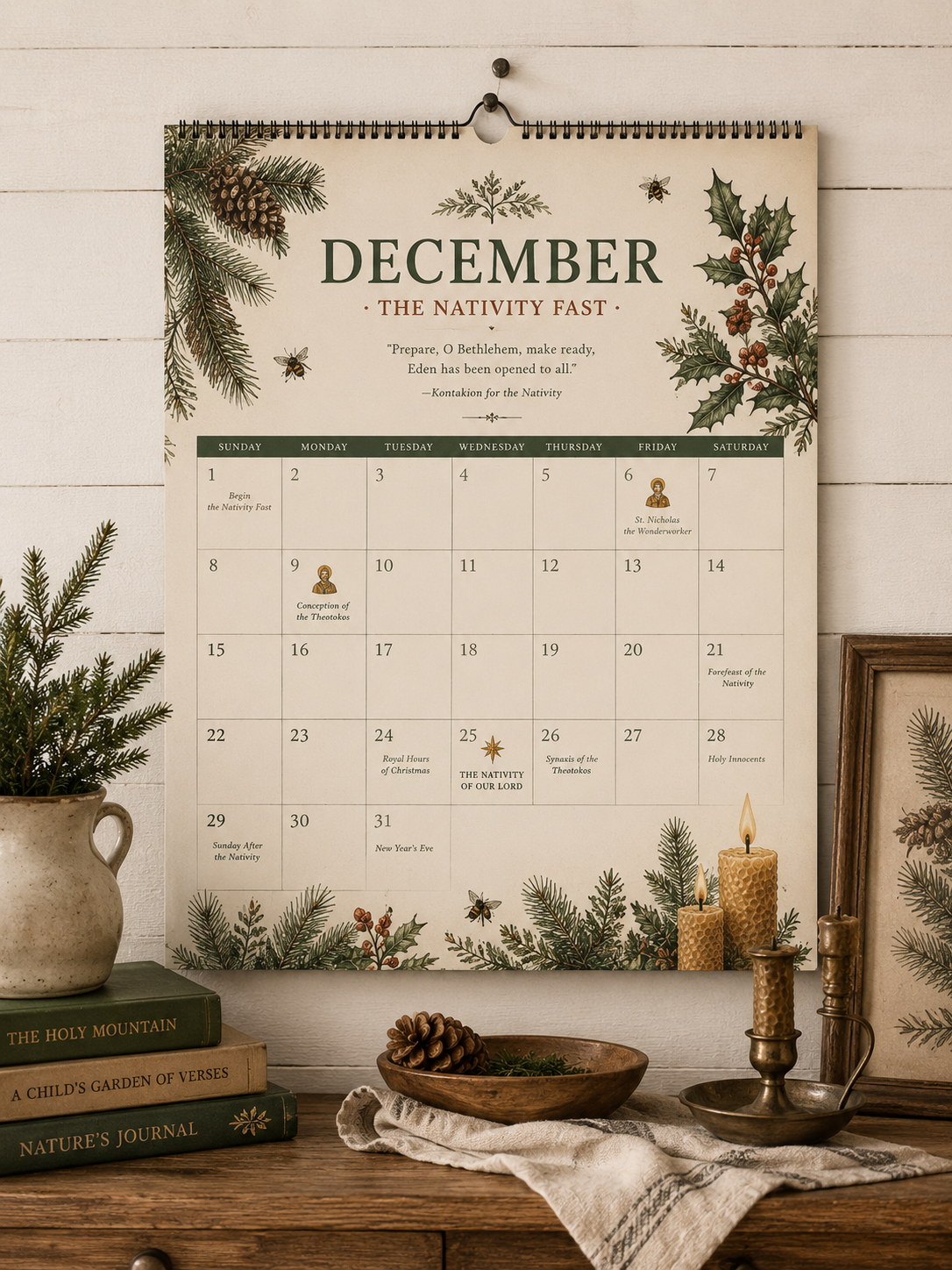 Saint & Season Family Calendar preview with a child-friendly December layout