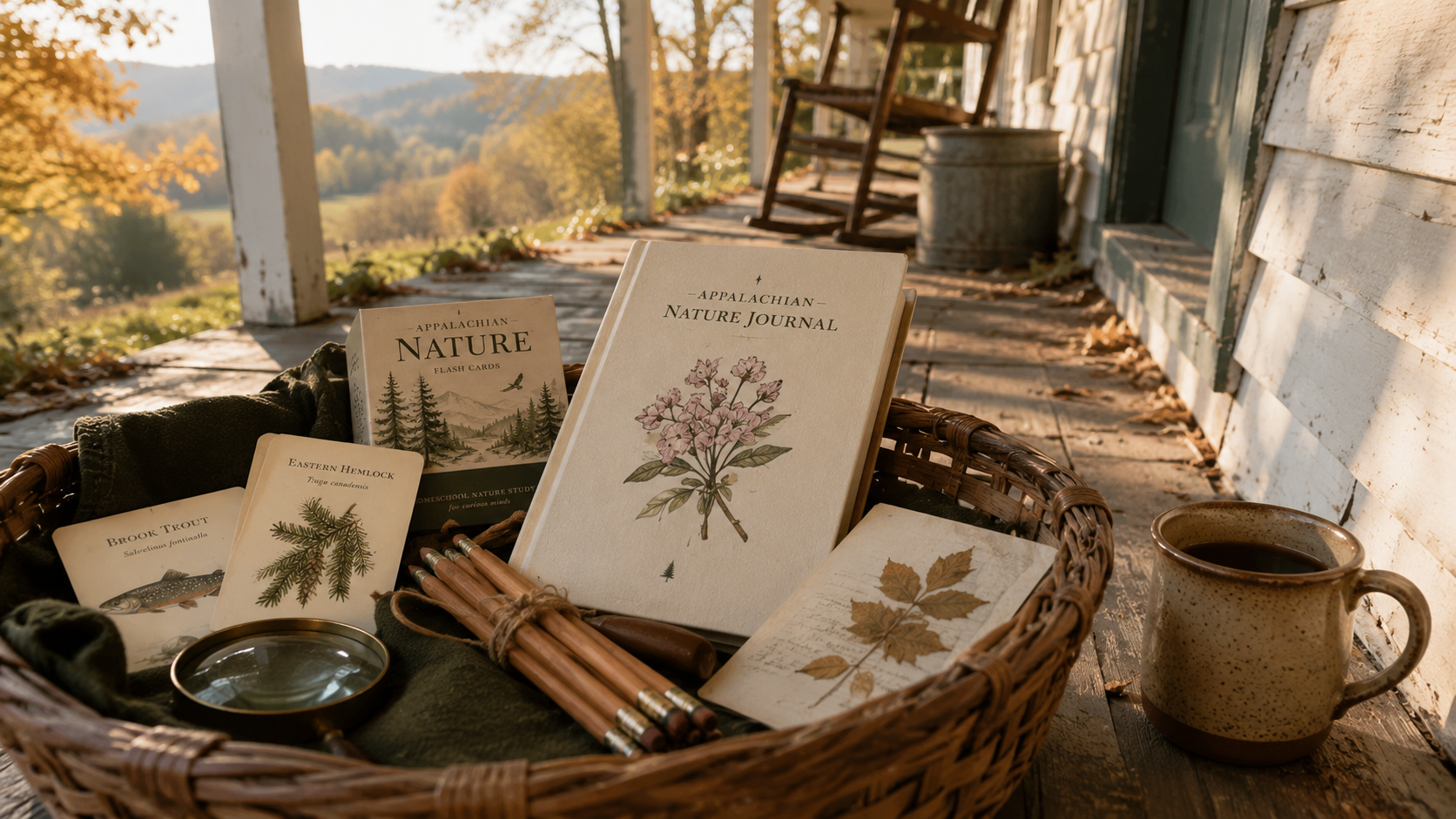 The kit assembled in a wicker basket on an Appalachian farmhouse porch in autumn — hardback nature journal, field deck, sketching pencils, a magnifying loupe, and pressed leaves, with mountains in the background.