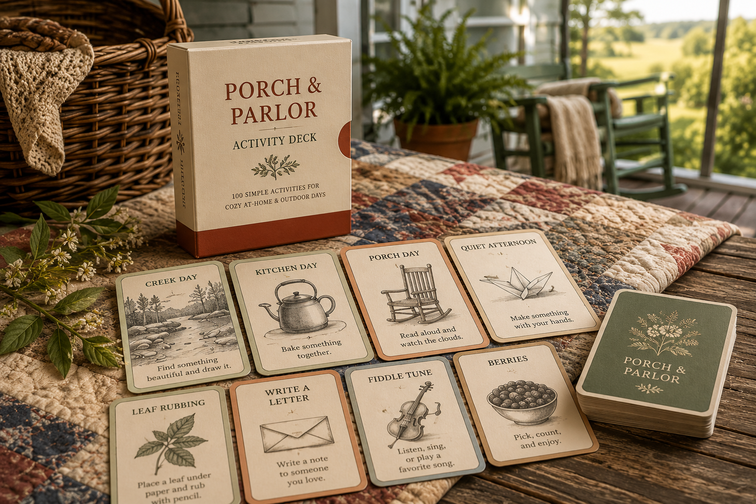 The Porch & Parlor Activity Deck box and 8 sample cards displayed on a quilt on an Appalachian farmhouse porch in late afternoon light.