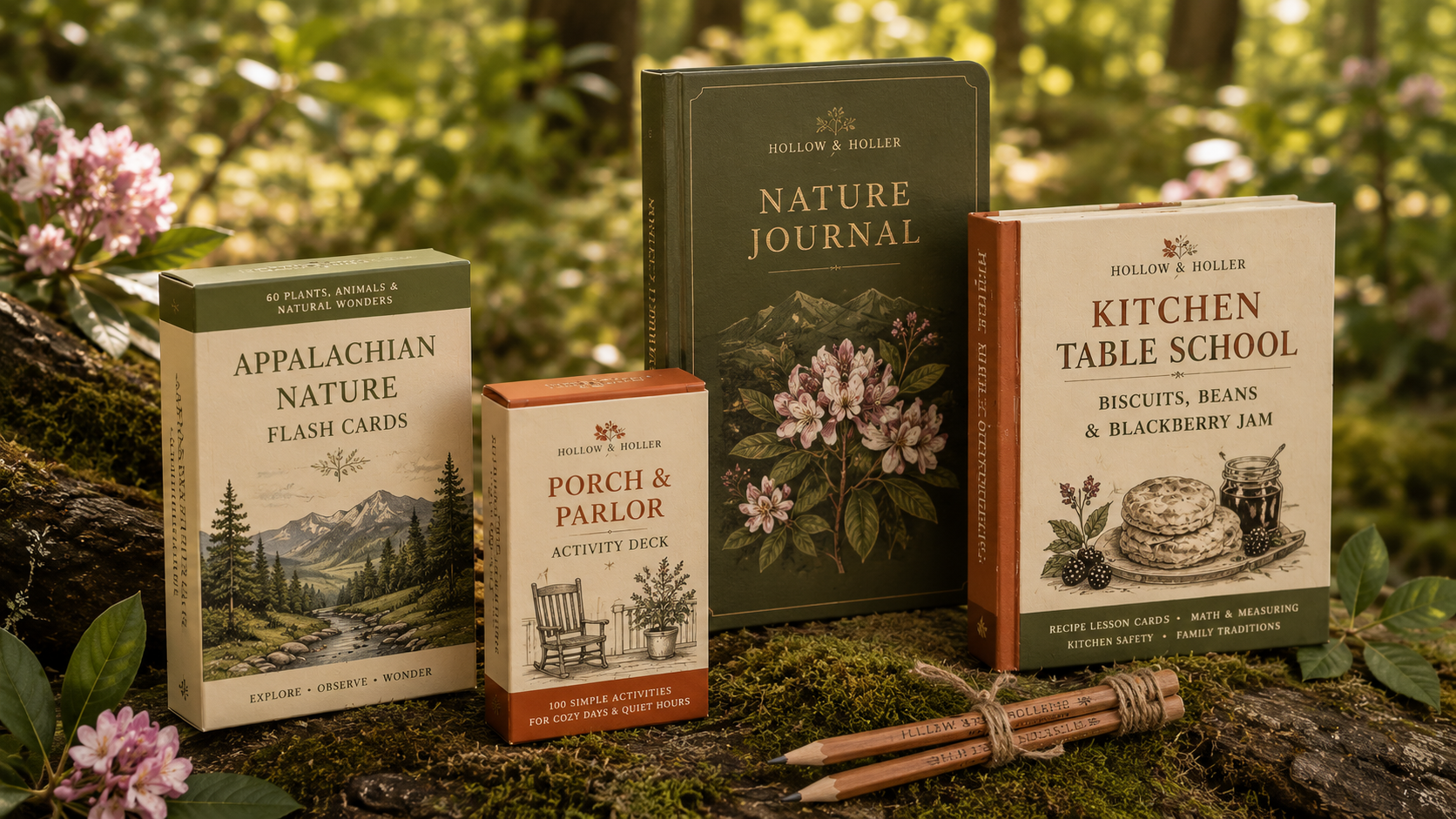The full Hollow & Holler product line: Appalachian Nature Flash Cards, Porch & Parlor Activity Deck, Nature Journal, and Kitchen Table School arranged on a mossy log among mountain laurel.